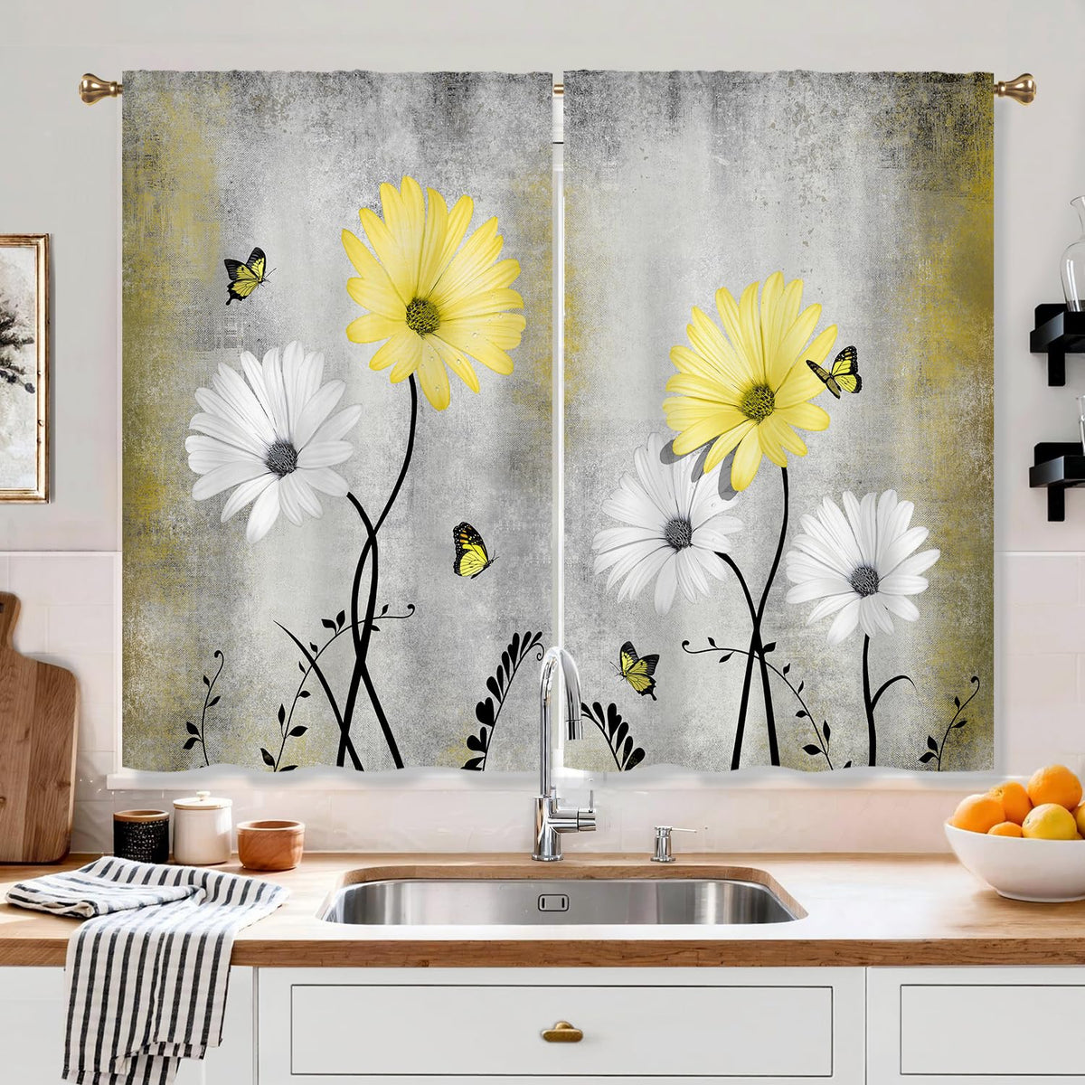 Farmhouse Sunflower Kitchen Curtain Rustic Small Short Cafe Window Curtains Country Wooden Barn Inspirational Bathroom Window Drapes Treatment Tier Curtains 2 Panels (27.5x39 Inch)