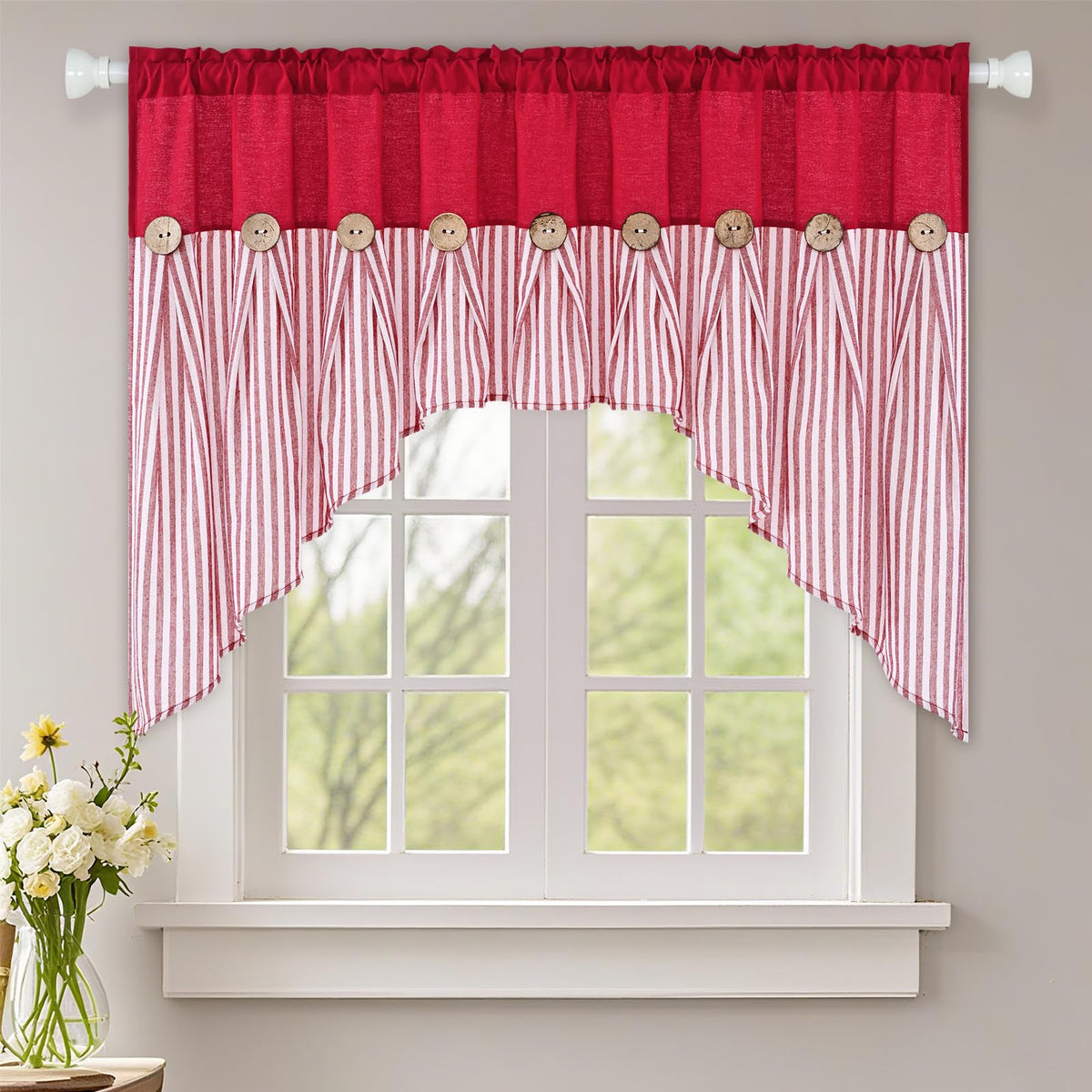 ASPMIZ Cotton Linen Kitchen Valance Curtains, Boho Rustic Button Linen Valances for Windows Farmhouse, Black with Grey Stripe Valance Window Topper Treatment Window Valances for Bathroom, 52 x 18 Inch
