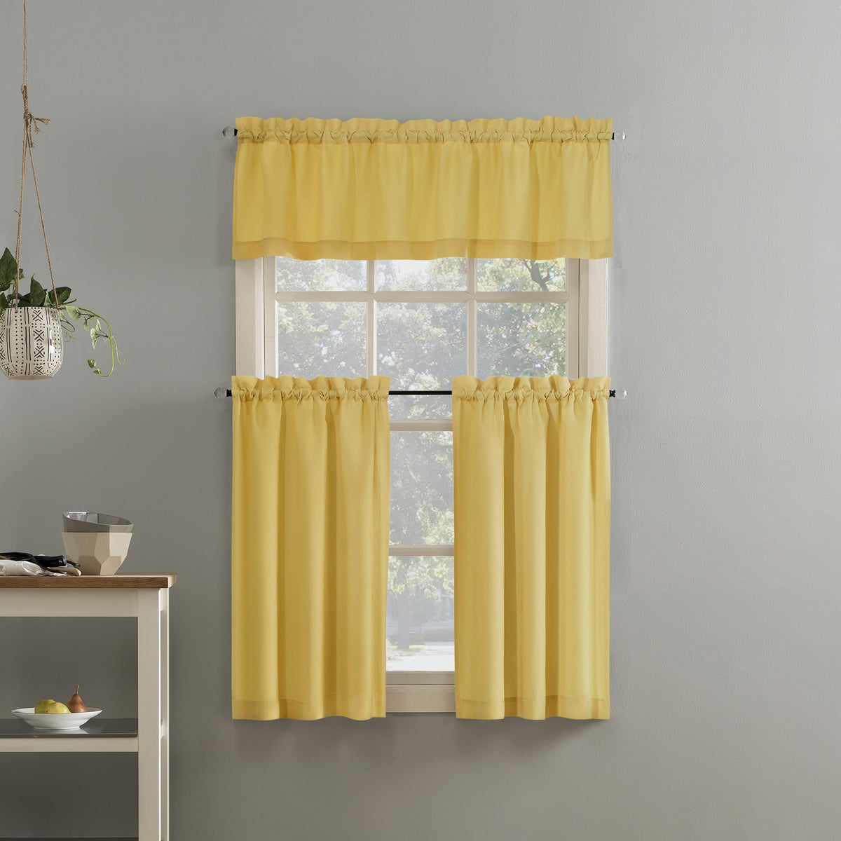 No. 918 Martine Microfiber Semi-Sheer Rod Pocket Kitchen Curtain Valance and Tiers Set, 54" x 36", Red