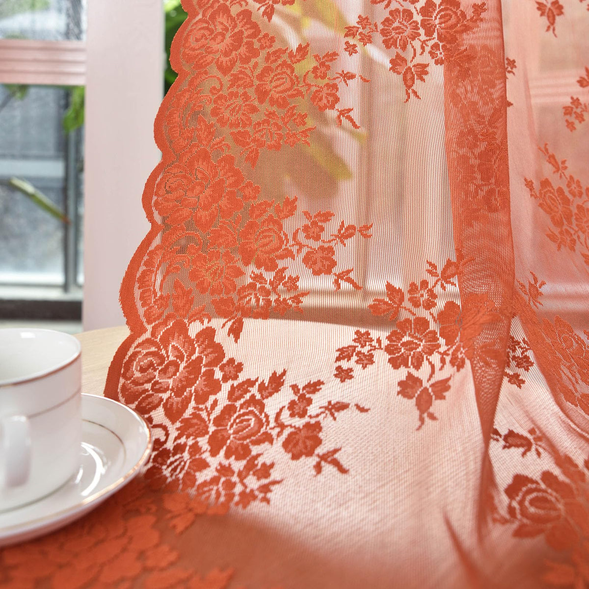 Kotile Short Beige Lace Curtains for Kitchen Windows W42xL45 Inch, 2 Panels
