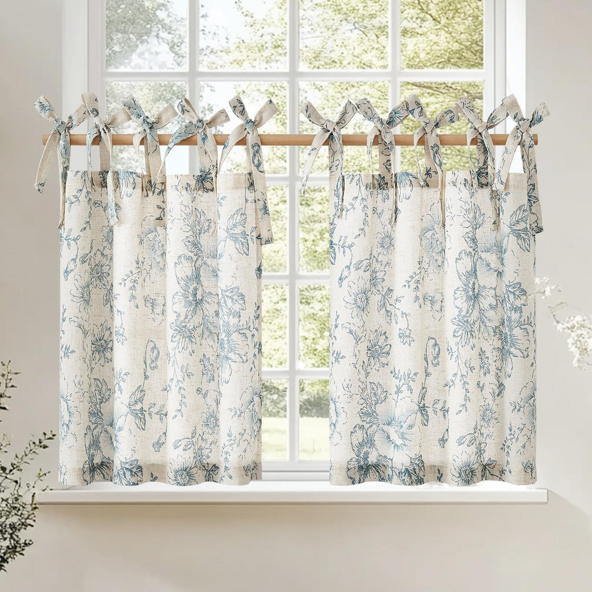 jinchan Solid Linen Kitchen Tier Curtains 24 Inches Tie Top 2 Panles Crude
