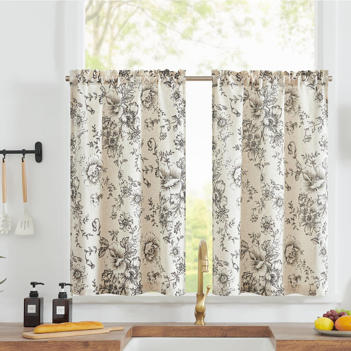 jinchan Hattie Floral Linen Kitchen Tier Curtains Beige 36 in 2 Panels