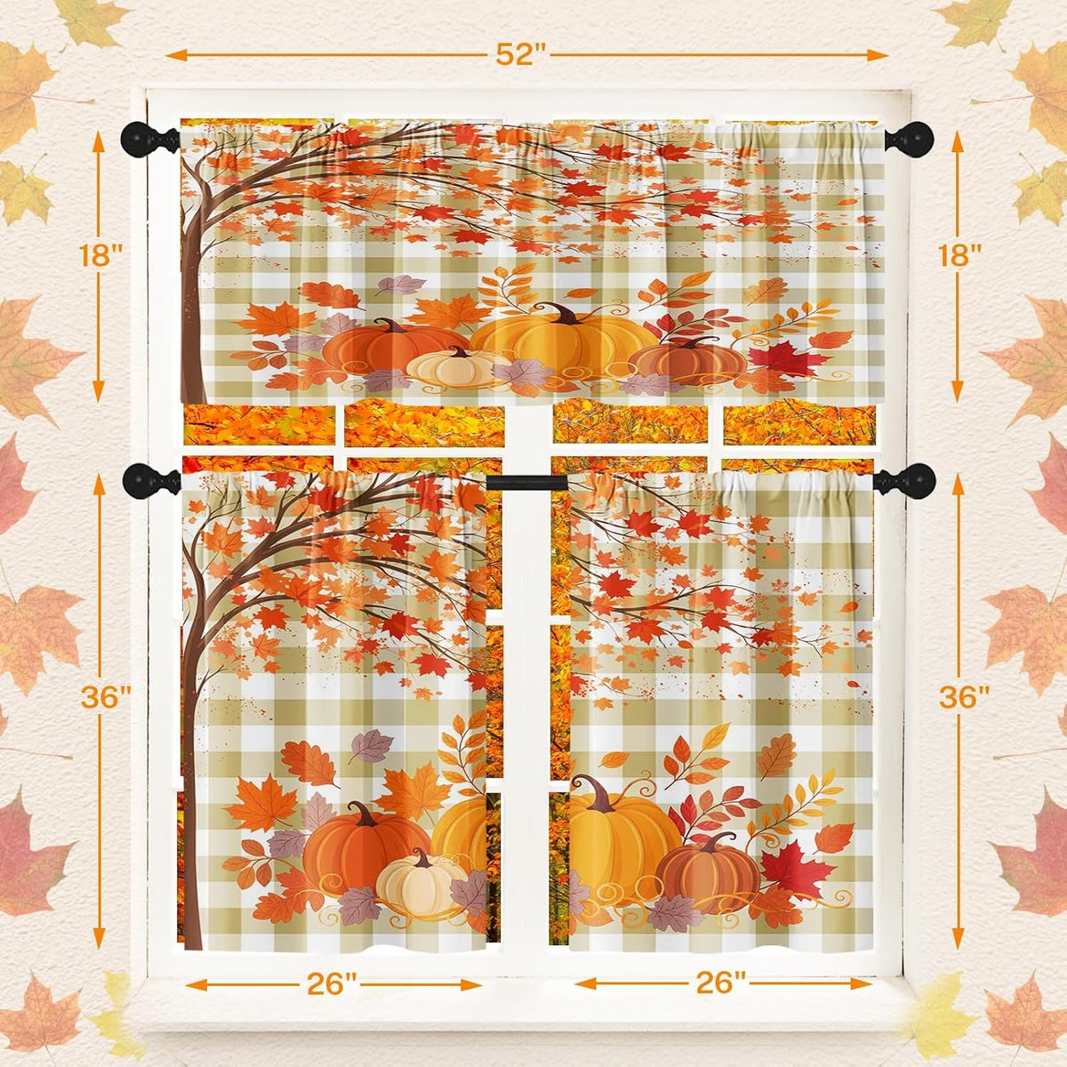 Arttown Fall Kitchen Curtains Sets for Windows, Pumpkin, 52x36 Inch