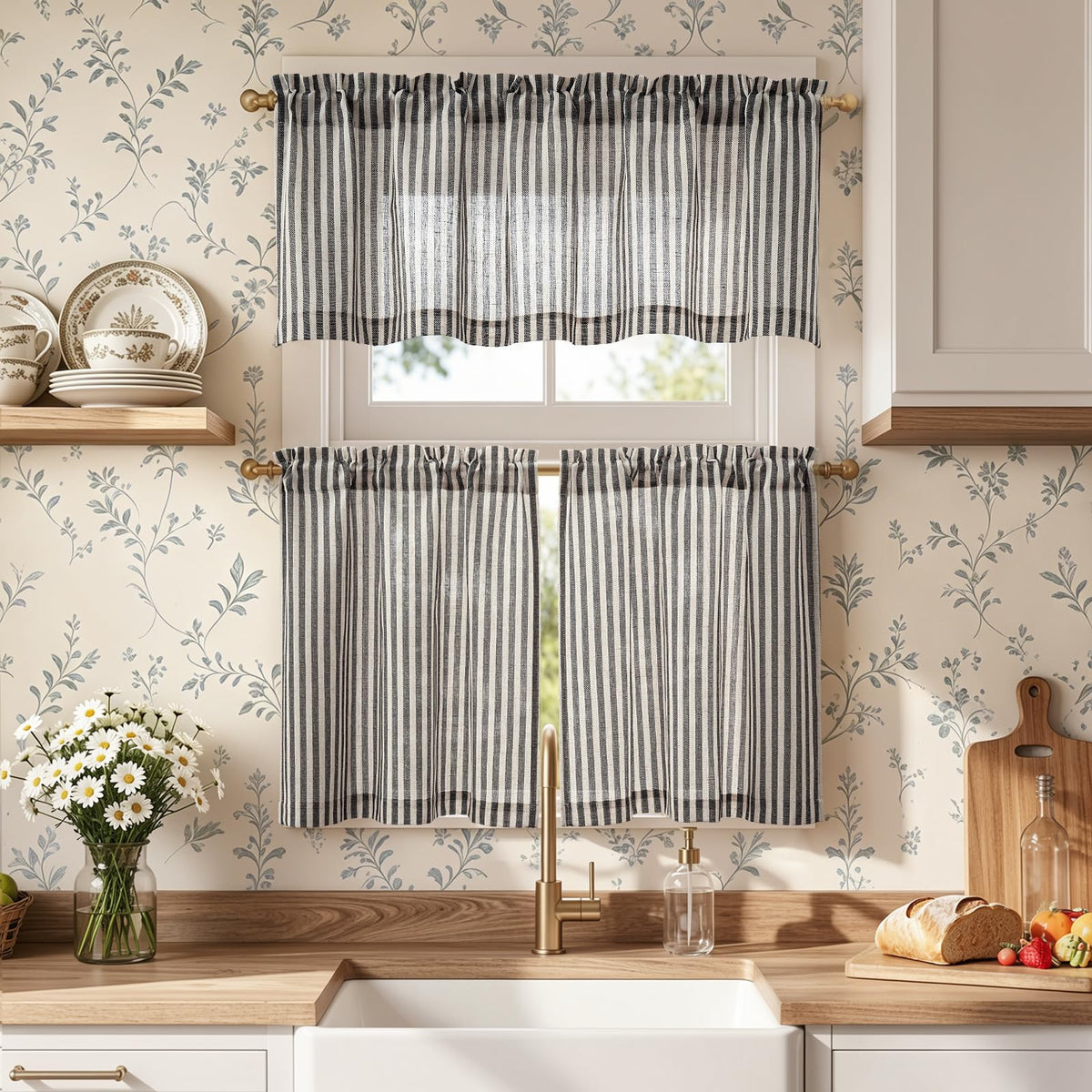jinchan Sage Green Linen Kitchen Curtains and Valance Set Rod Pocket