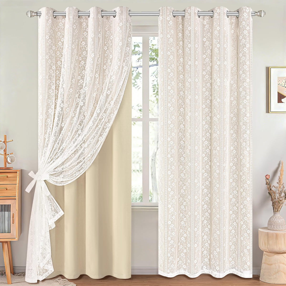 ASPMIZ Linen Kitchen Curtains 36 Inch Length, Double Layered Window Curtain 2 Panel Sets Rod Pocket Short Curtains for Kitchen, Farmhouse Window Treatment Tiers for Bathroom, Cafe, Beige