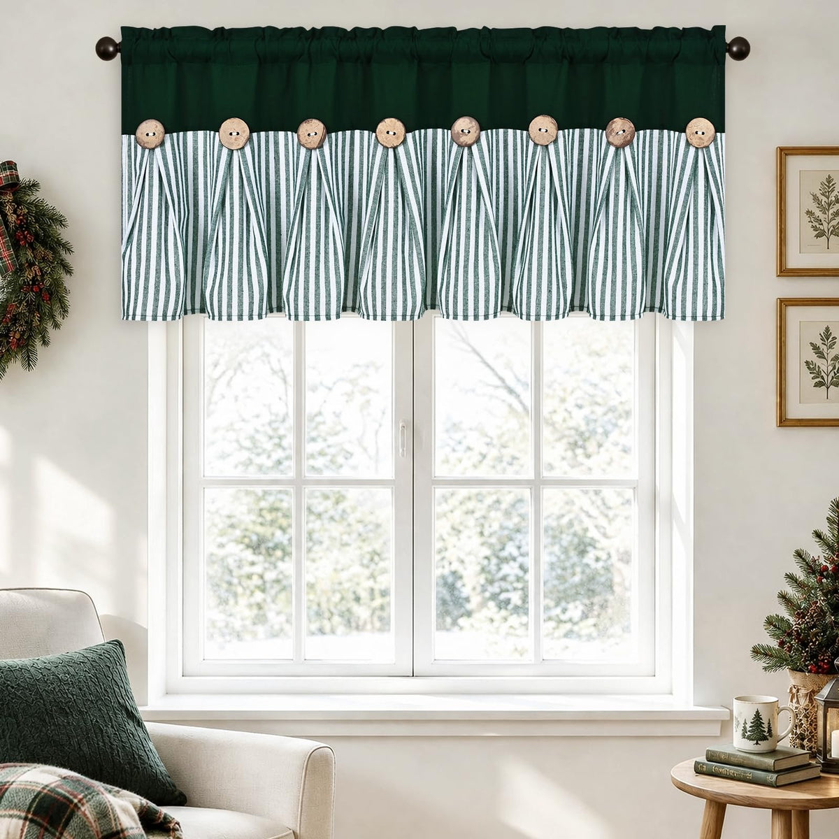 ASPMIZ Cotton Linen Kitchen Valance Curtains, Boho Rustic Button Linen Valances for Windows Farmhouse, Black with Grey Stripe Valance Window Topper Treatment Window Valances for Bathroom, 52 x 18 Inch