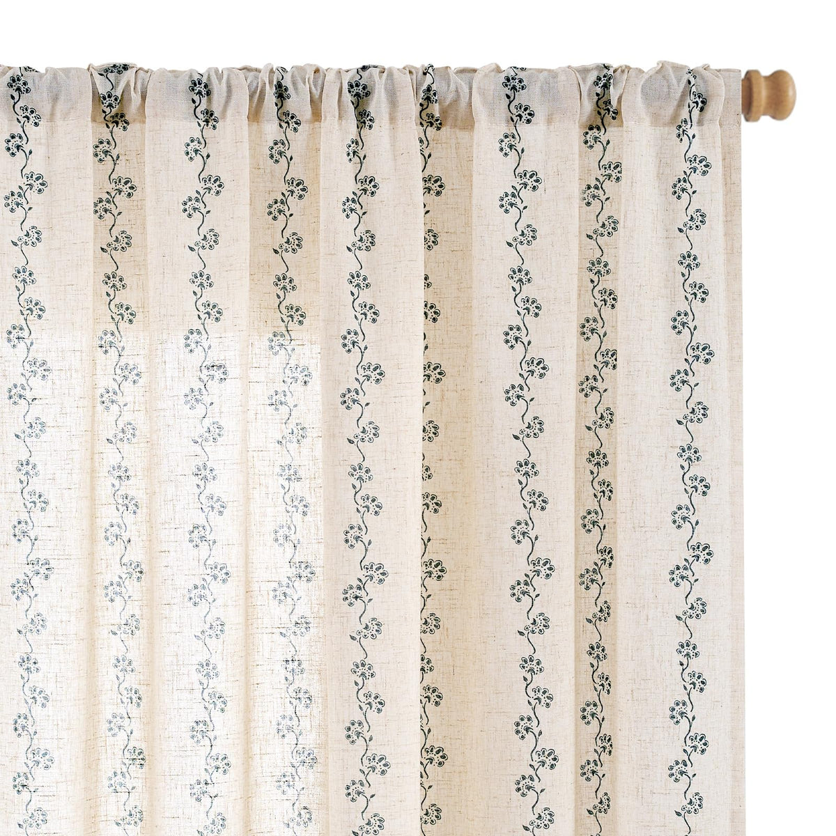 Lazzzy Green Floral Linen Curtains Farmhouse Rod Pocket 50W X 84L 2 Panels