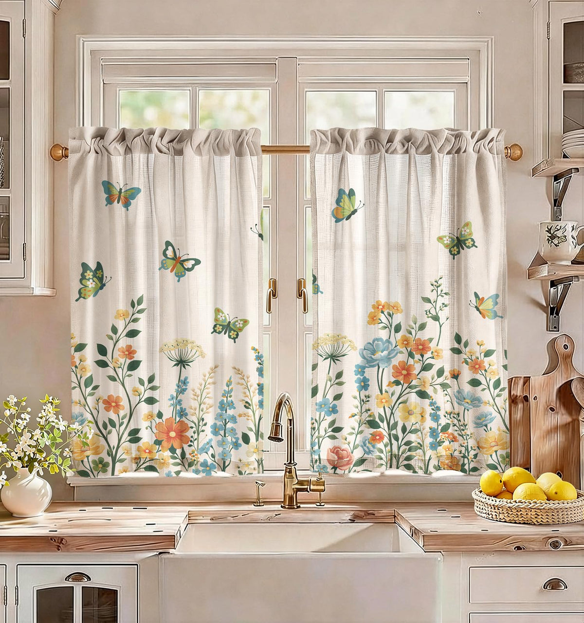 Miss Adola 36 Inch Length Kitchen Tier Curtains, Floral Cat