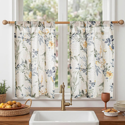 MYSKY HOME Floral Linen Kitchen Tier Curtains 36 Inch Long 2 Panels