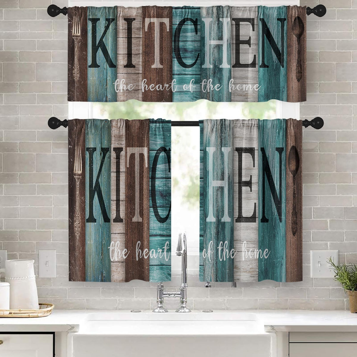 Kitchen Curtains Sets for Windows 52x36 Inch, 3 Pack Farmhouse Teal