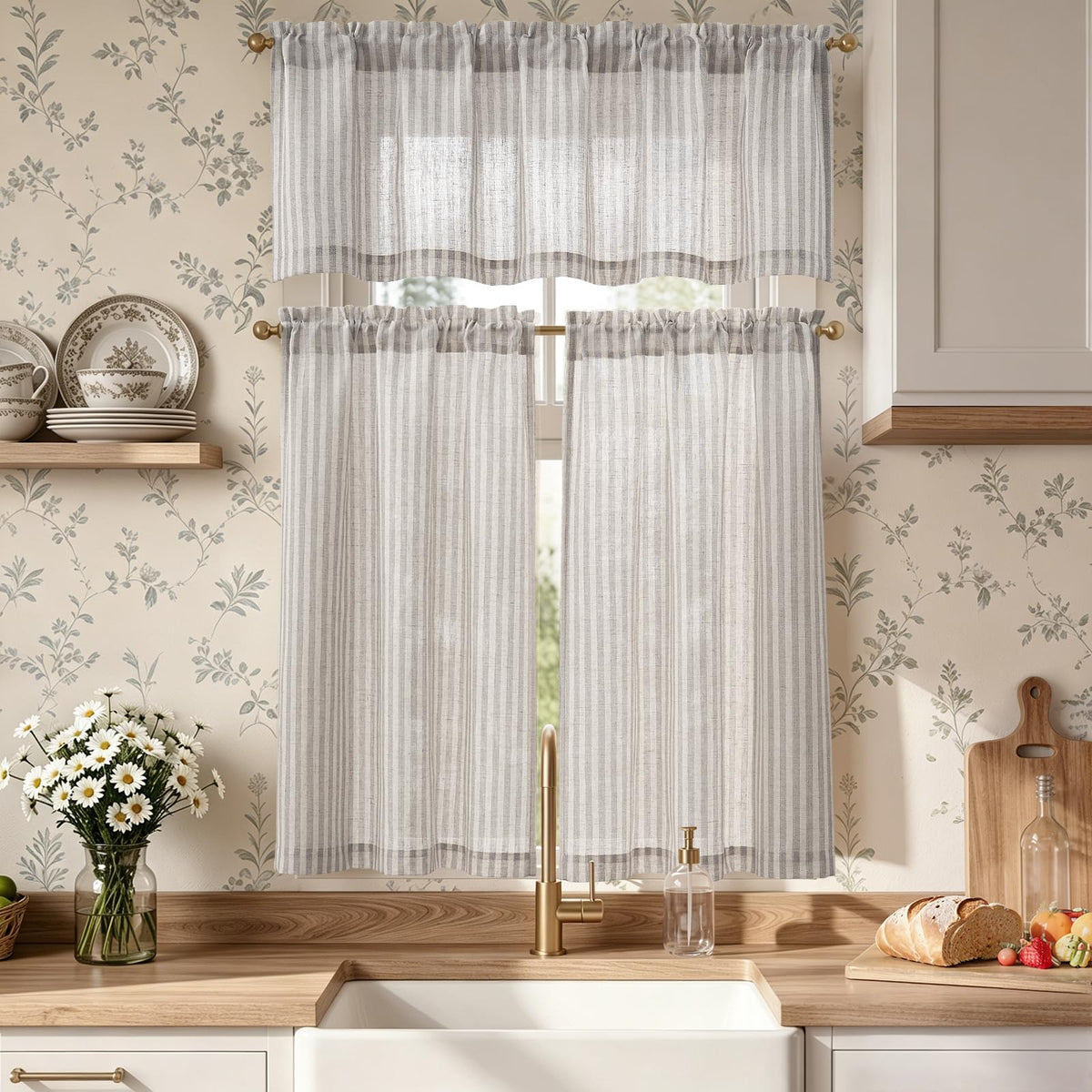 jinchan Sage Green Linen Kitchen Curtains and Valance Set Rod Pocket
