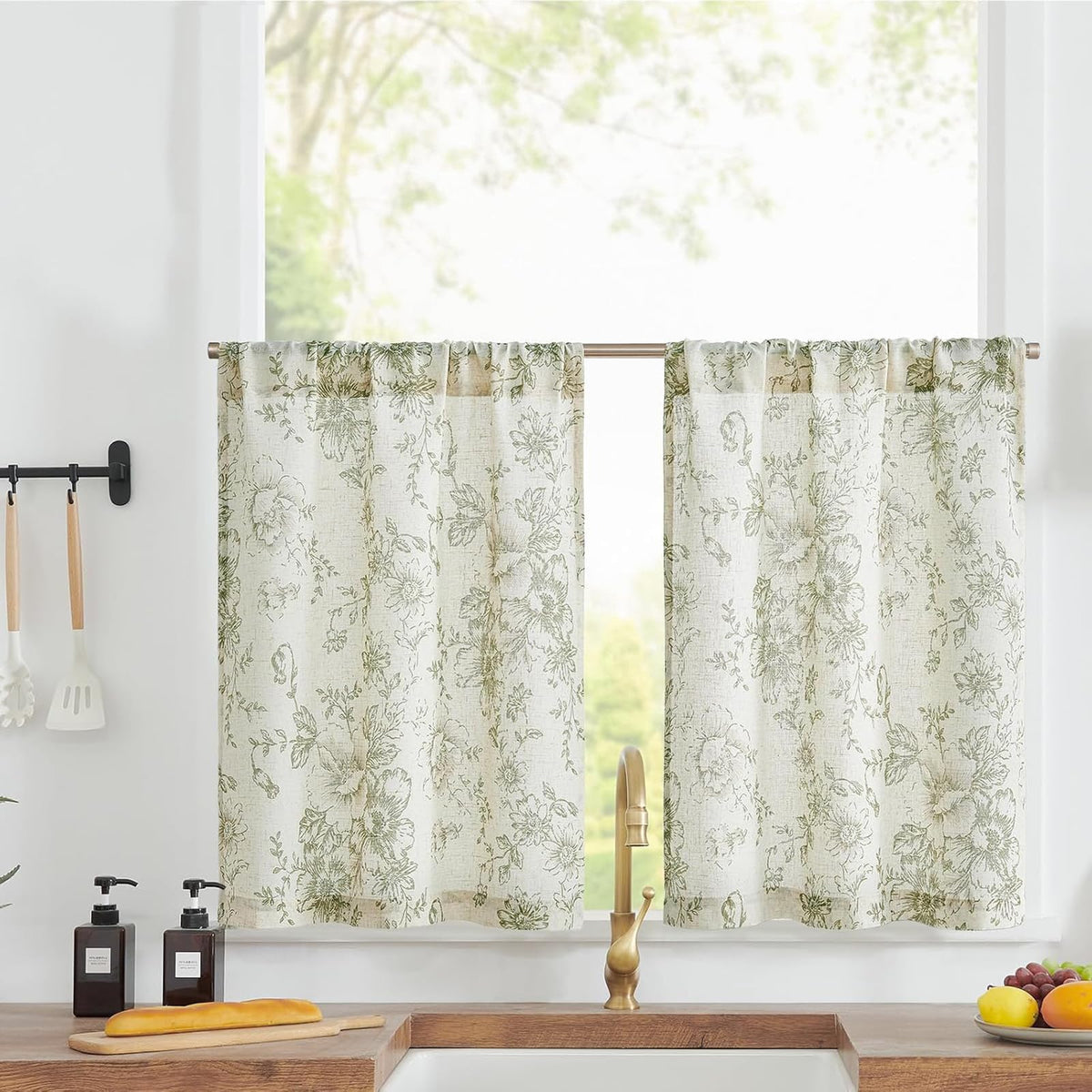 jinchan Hattie Floral Linen Kitchen Tier Curtains Beige 30 in 2 Panels