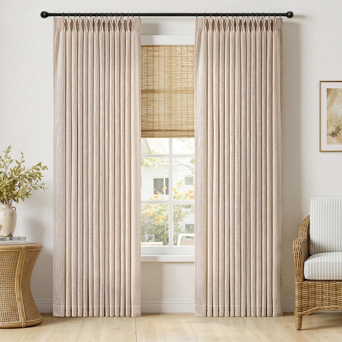 MIULEE Pinch Pleated Thick Linen Curtains 36 Inches Long 2 Panels Natural