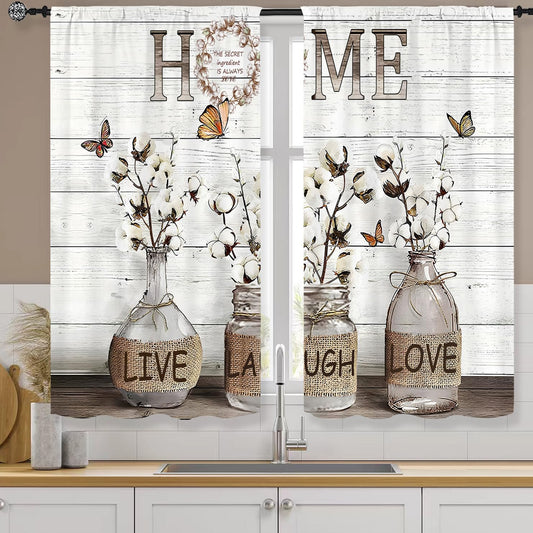 Rusitc Farmhouse Cotton Kitchen Curtains 27.5W X 39L Inch 2 Panels Rod Pocket Country Retro Wood Vintage Small Short Cafe Curtain Inspirational Window Drapes Treatment Bathroom Home Decor