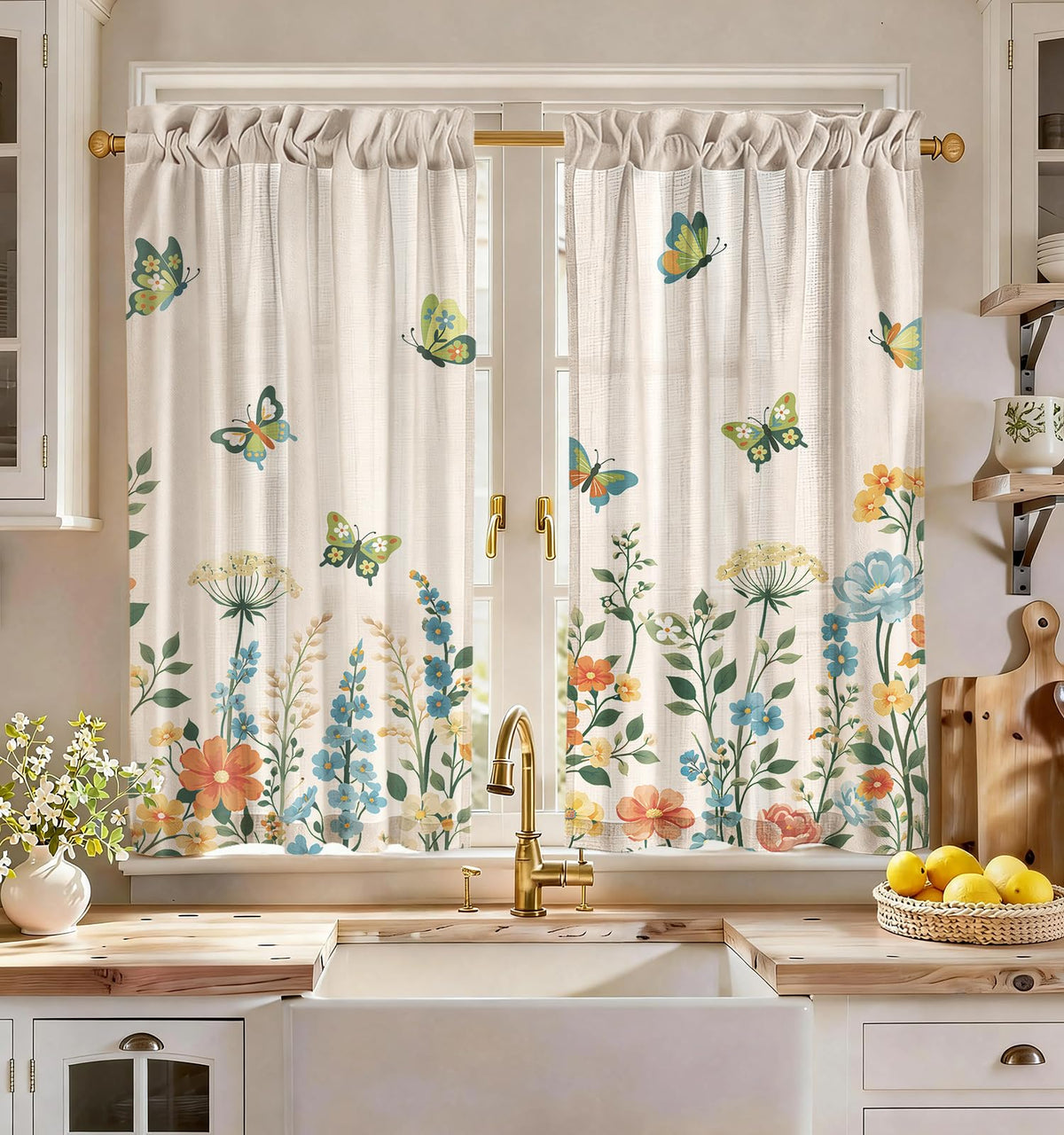 Miss Adola 36 Inch Length Kitchen Tier Curtains, Floral Cat