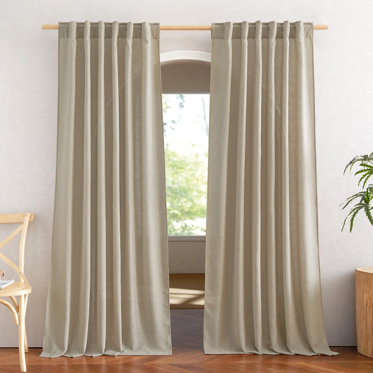 NICETOWN Natural Linen Kitchen Curtains 26 inches Long, Rod Pocket & Back Tab Semi Sheer Flax Window Treatments Rustic & Cute for Cafe/Kids Room, W37 x L26, 2 Panels