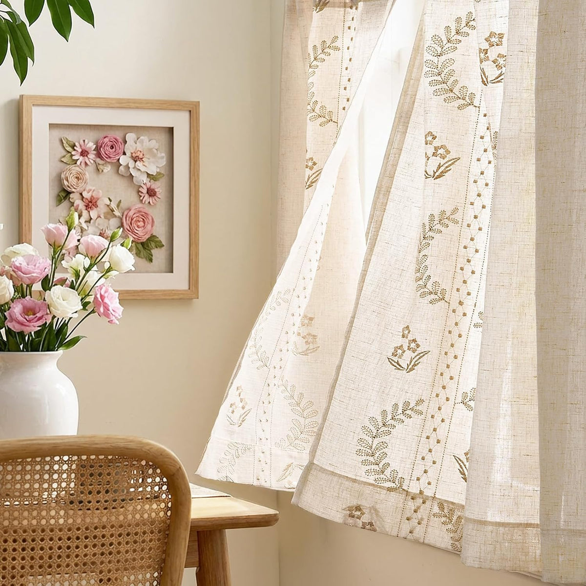 jinchan Beige Floral Linen Kitchen Tier Curtains 36 Inch, 2 Panels