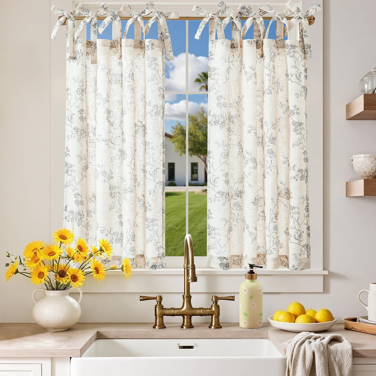 jinchan Solid Linen Kitchen Tier Curtains 24 Inches Tie Top 2 Panles Crude