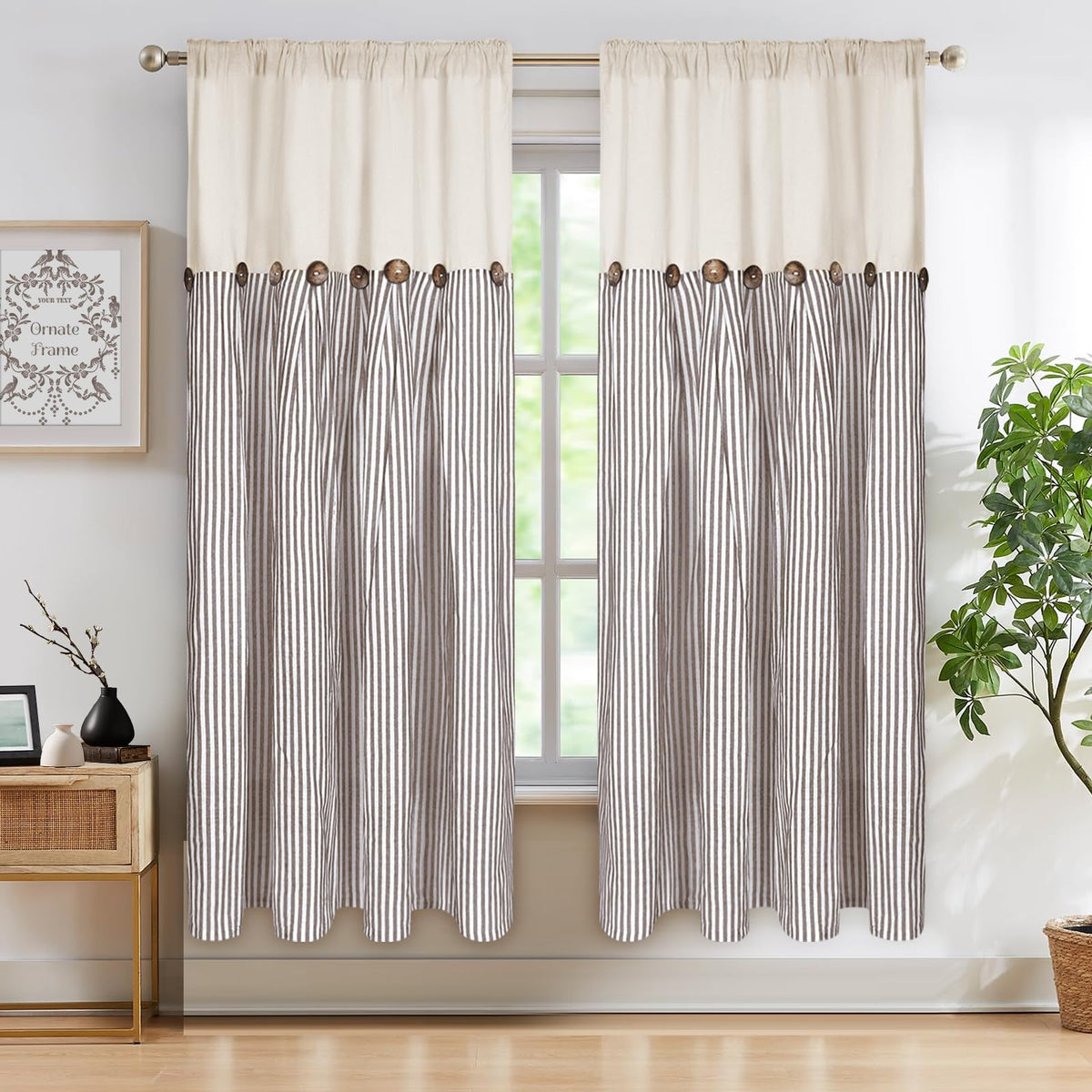 ASPMIZ Cotton Linen Kitchen Valance Curtains, Boho Rustic Button Linen Valances for Windows Farmhouse, Black with Grey Stripe Valance Window Topper Treatment Window Valances for Bathroom, 52 x 18 Inch