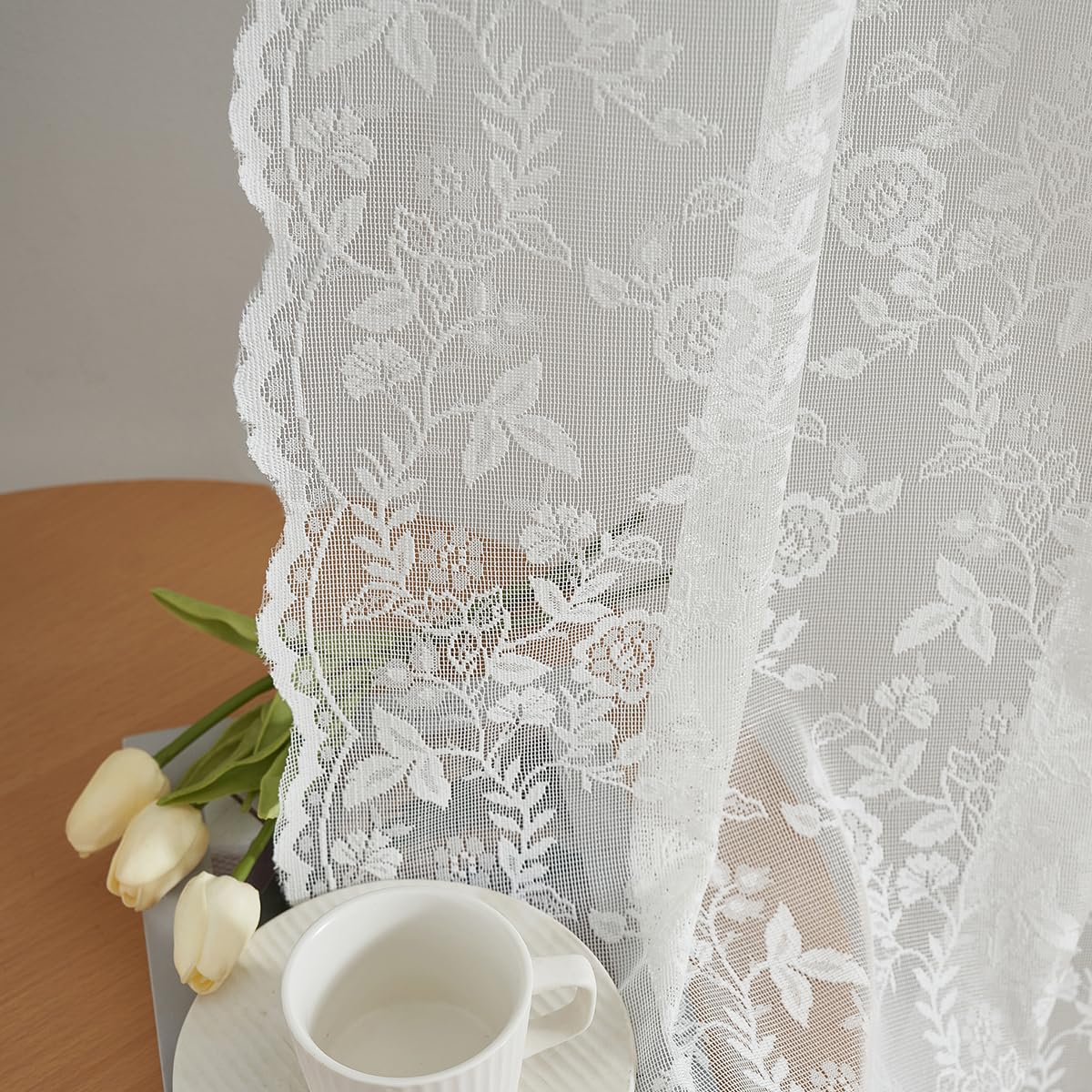 FINECITY Short Beige Lace Curtains Rustic Leaf Floral W42xL36 Inch 2 Panels