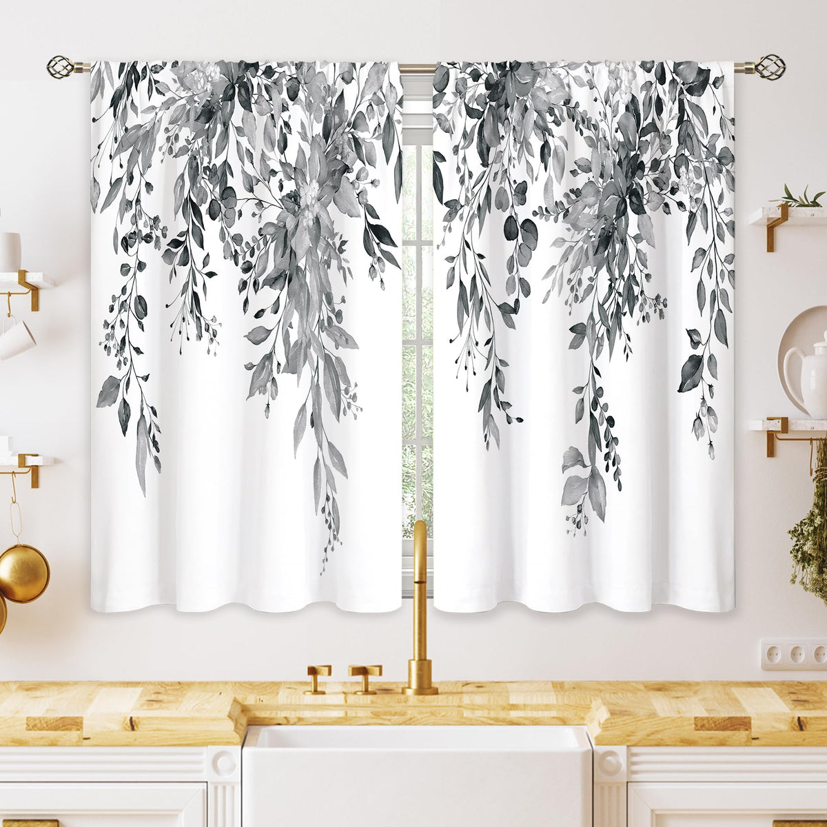 Eucalyptus Botanical Leaves Floral Kitchen Window Curtains Over Sink Boho Farmhouse Flower Leaf Small Window Treatment Sage Green Cafe Short Curtains for Bathroom Tier Drapes 27.5x39 inch