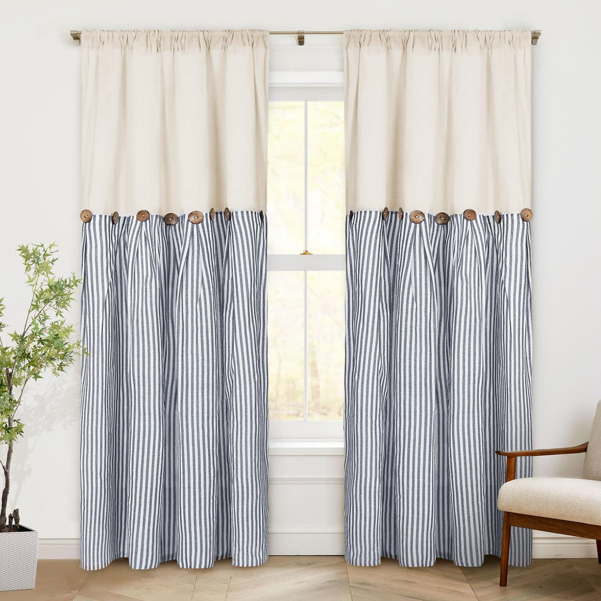 ASPMIZ Cotton Linen Kitchen Valance Curtains, Boho Rustic Button Linen Valances for Windows Farmhouse, Black with Grey Stripe Valance Window Topper Treatment Window Valances for Bathroom, 52 x 18 Inch