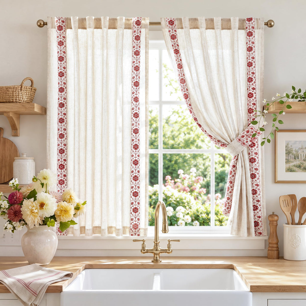 jinchan Green Floral Linen Kitchen Tier Curtains 50x45 Inch 2 Panels