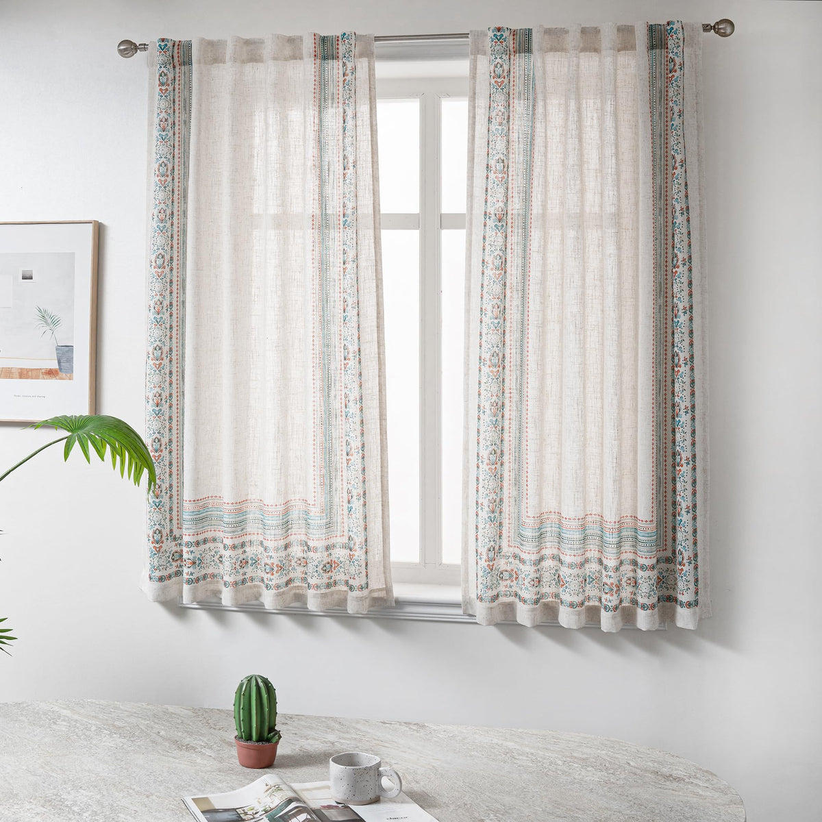 MYSKY HOME Floral Linen Kitchen Tier Curtains 36 Inch Long 2 Panels