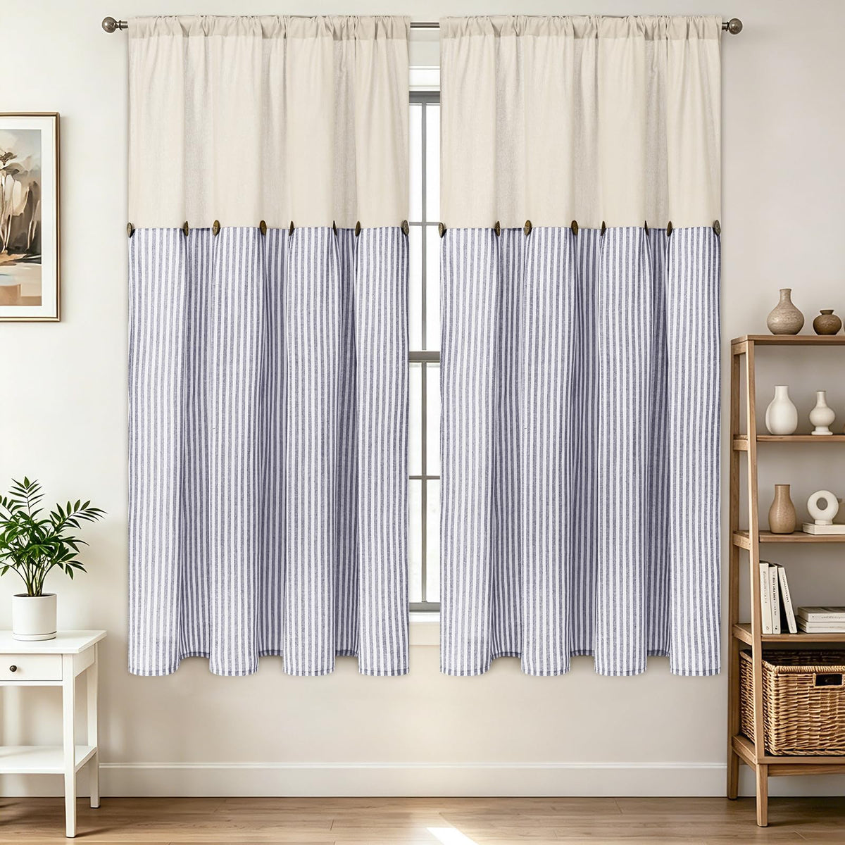 BLEUM CADE Farmhouse Kitchen Curtains 36 Inch, Cotton Linen Cafe Curtains with Rustic Buttons, Boho Small Window Curtains for Bathroom, Green Stripe Half Window Drapes Over Sink, 2 Panels