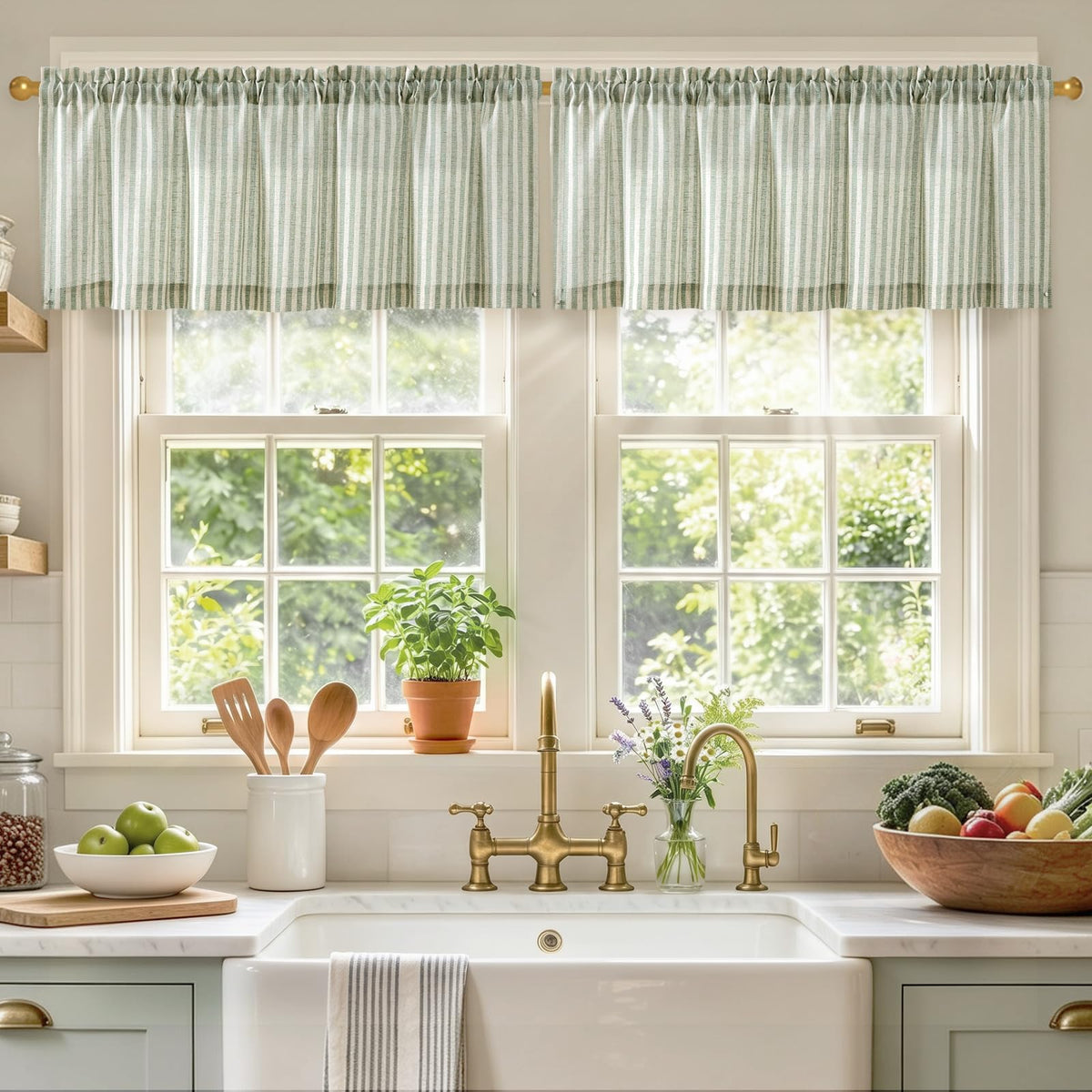 jinchan Linen Boxter Stripe Valances for Window 16 inch,Sage Green,1 Panel