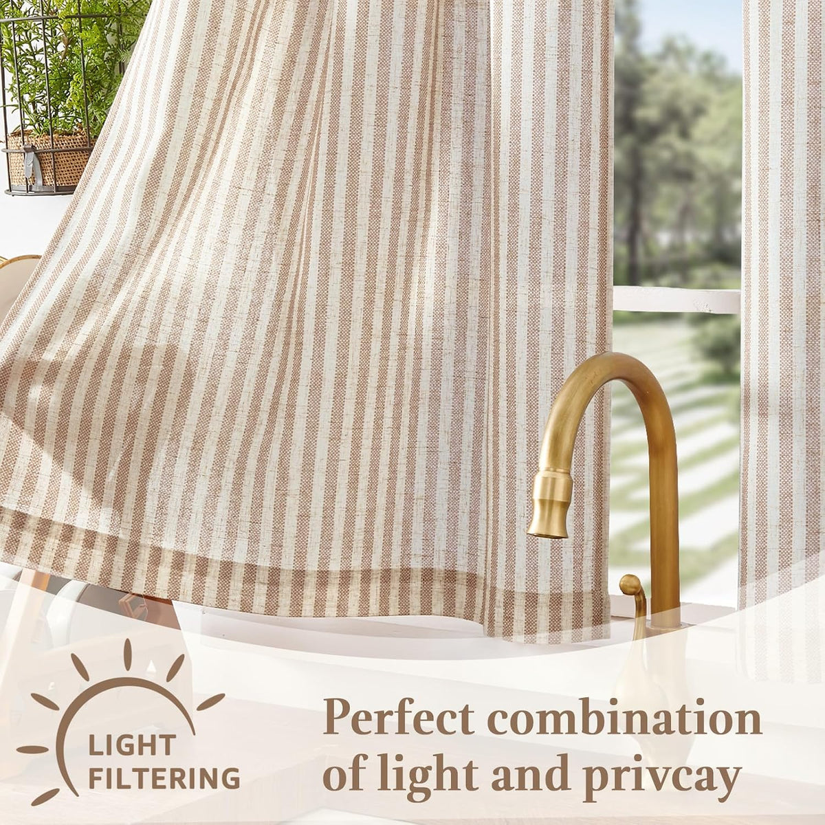 jinchan Striped Linen Kitchen Tier Curtains, 20 Inch, Tan, 2 Panels