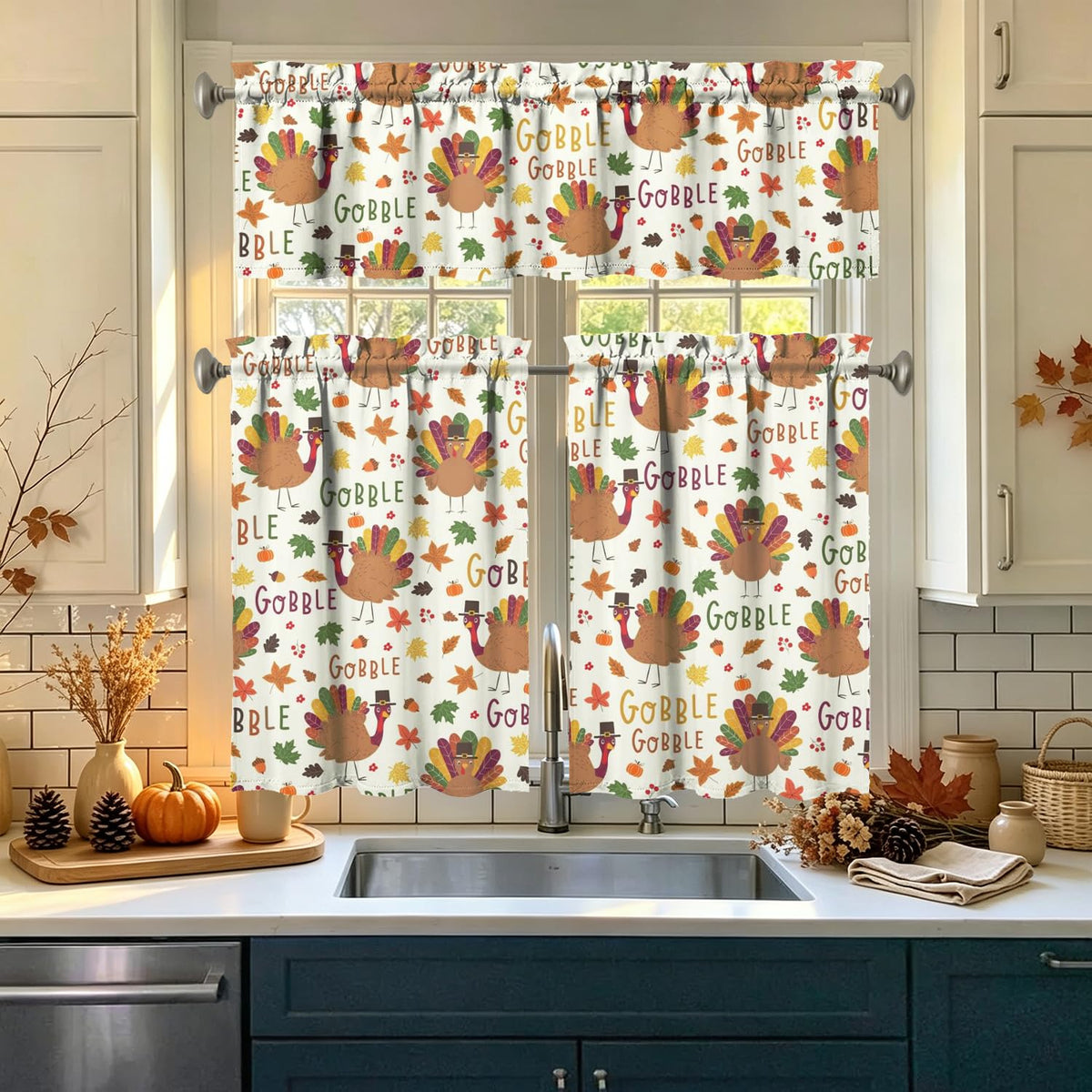 Sage Kitchen Curtain Valance 3 Piece Set, Sage Leaf Floral Kitchen Decor for Home Interior, Farmhouse Style Sink Window Curtains 36 Inch
