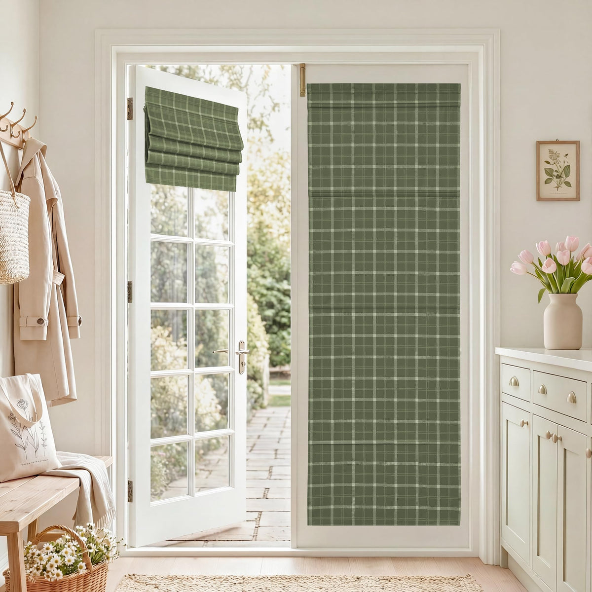 NICETOWN Olive Green Farmhouse Gingham Tiers Kitchen 100% Blackout Curtains
