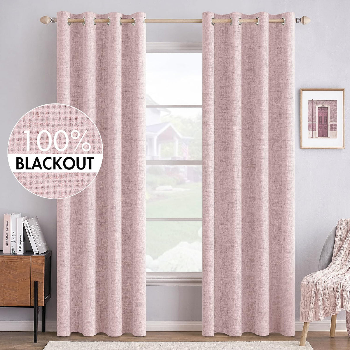 MIULEE 100% Blackout Linen Curtains for Bedroom 52x54 Inches Natural Beige