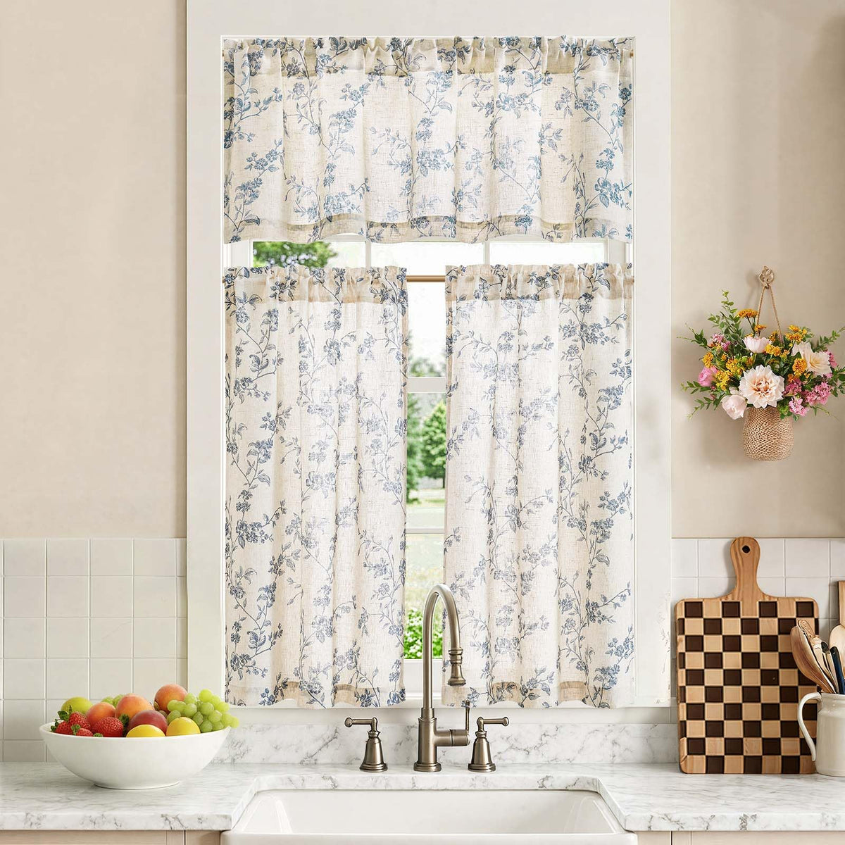 jinchan Green Linen Floral Kitchen Tier Curtains and Valance Set 3 Pieces