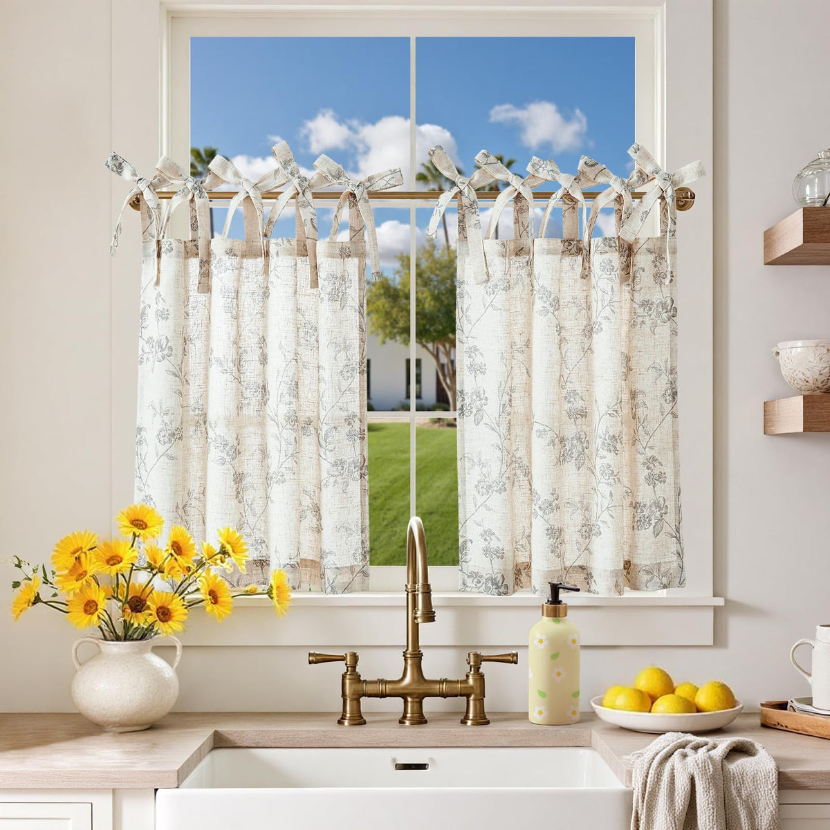 jinchan Solid Linen Kitchen Tier Curtains 24 Inches Tie Top 2 Panles Crude