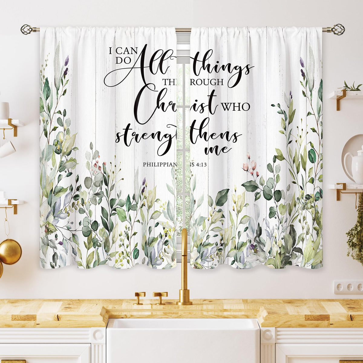 Green Boho Flower Small Kitchen Curtains Flower Plant Window Treatment Botanical Herb Chic Rod Pocket Cafe Short Window Curtains for Bathroom Dining Room Tier Treatment Drapes 27.5x39 inch