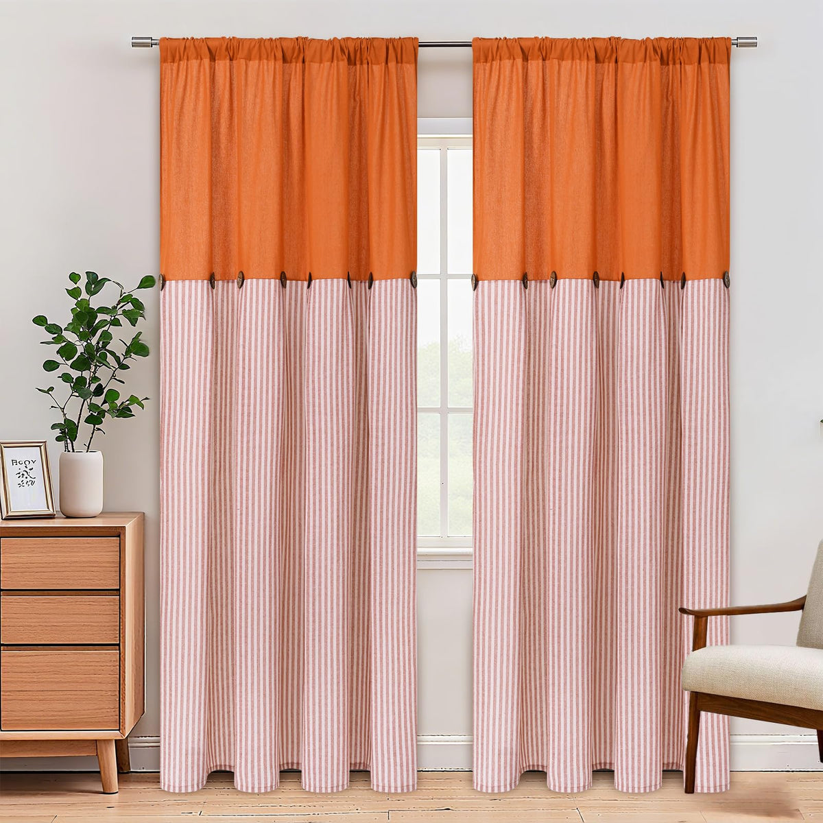 ASPMIZ Cotton Linen Kitchen Valance Curtains, Boho Rustic Button Linen Valances for Windows Farmhouse, Black with Grey Stripe Valance Window Topper Treatment Window Valances for Bathroom, 52 x 18 Inch
