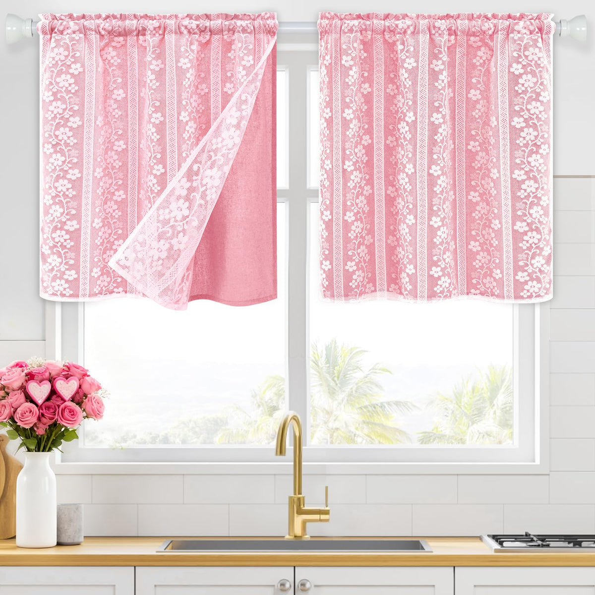 ASPMIZ Linen Kitchen Curtains 36 Inch Length, Double Layered Window Curtain 2 Panel Sets Rod Pocket Short Curtains for Kitchen, Farmhouse Window Treatment Tiers for Bathroom, Cafe, Beige