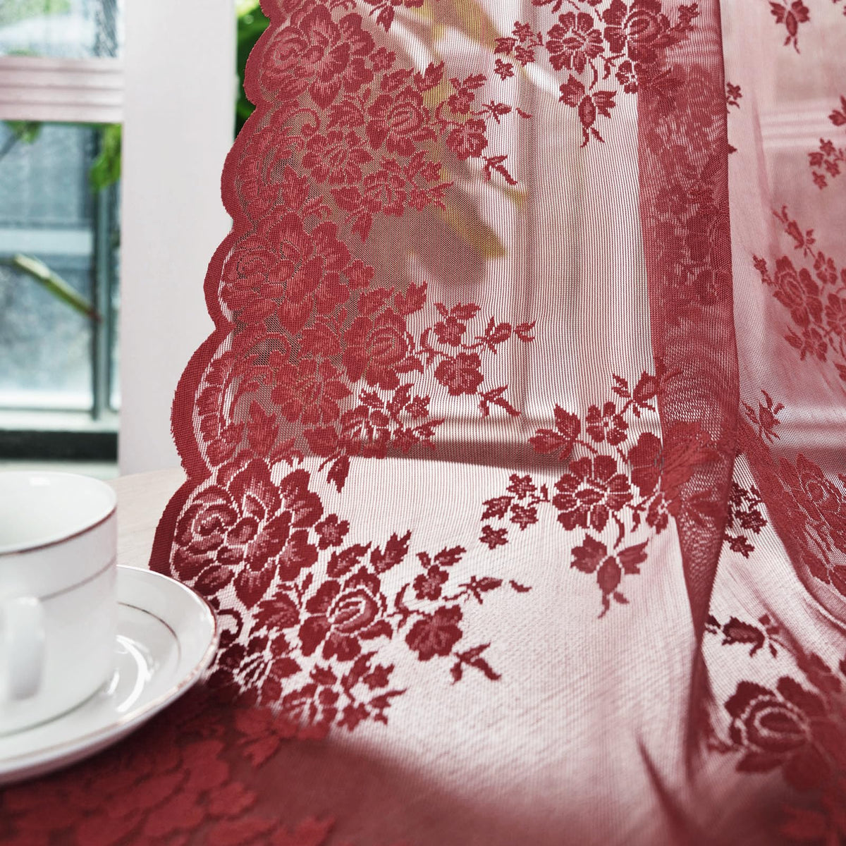 Kotile Short Beige Lace Curtains for Kitchen Windows W42xL45 Inch, 2 Panels