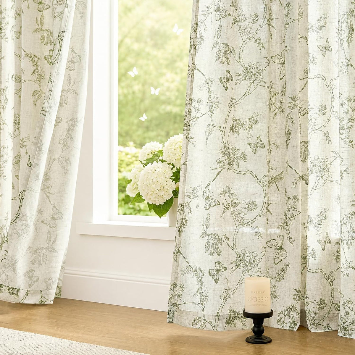Lazzzy Green Floral Linen Curtains Farmhouse Rod Pocket 50W X 84L 2 Panels