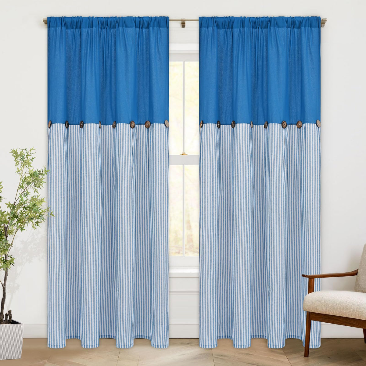 ASPMIZ Cotton Linen Kitchen Valance Curtains, Boho Rustic Button Linen Valances for Windows Farmhouse, Black with Grey Stripe Valance Window Topper Treatment Window Valances for Bathroom, 52 x 18 Inch