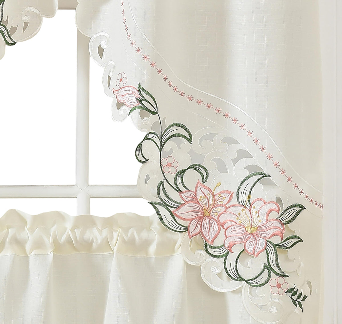 GOHD Lily Fragrance 3pcs Colorful Embroidery Kitchen Cafe Curtain Set.Beige