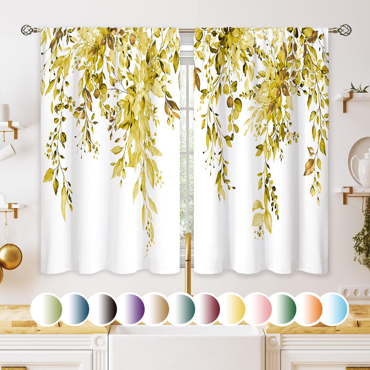 Eucalyptus Botanical Leaves Floral Kitchen Window Curtains Over Sink Boho Farmhouse Flower Leaf Small Window Treatment Sage Green Cafe Short Curtains for Bathroom Tier Drapes 27.5x39 inch