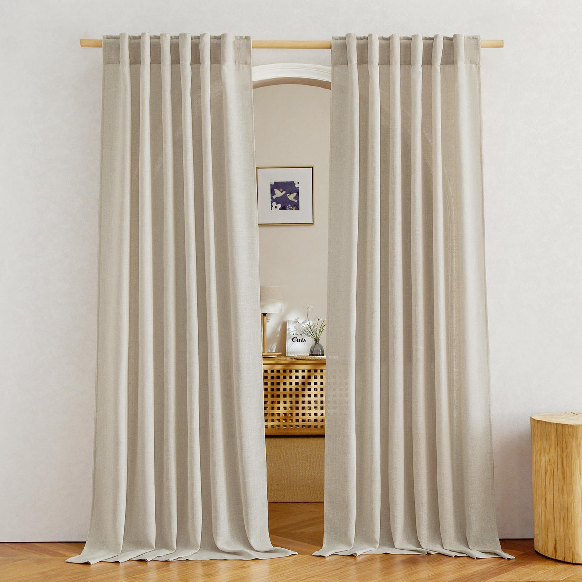 NICETOWN Natural Linen Kitchen Curtains 26 inches Long, Rod Pocket & Back Tab Semi Sheer Flax Window Treatments Rustic & Cute for Cafe/Kids Room, W37 x L26, 2 Panels