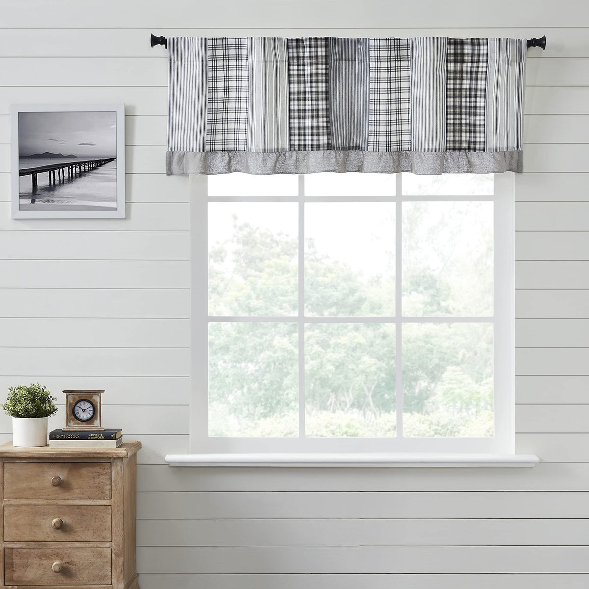 VHC Brands Sawyer Mill Curtain, Panel 63x36, Charcoal Khaki Tan
