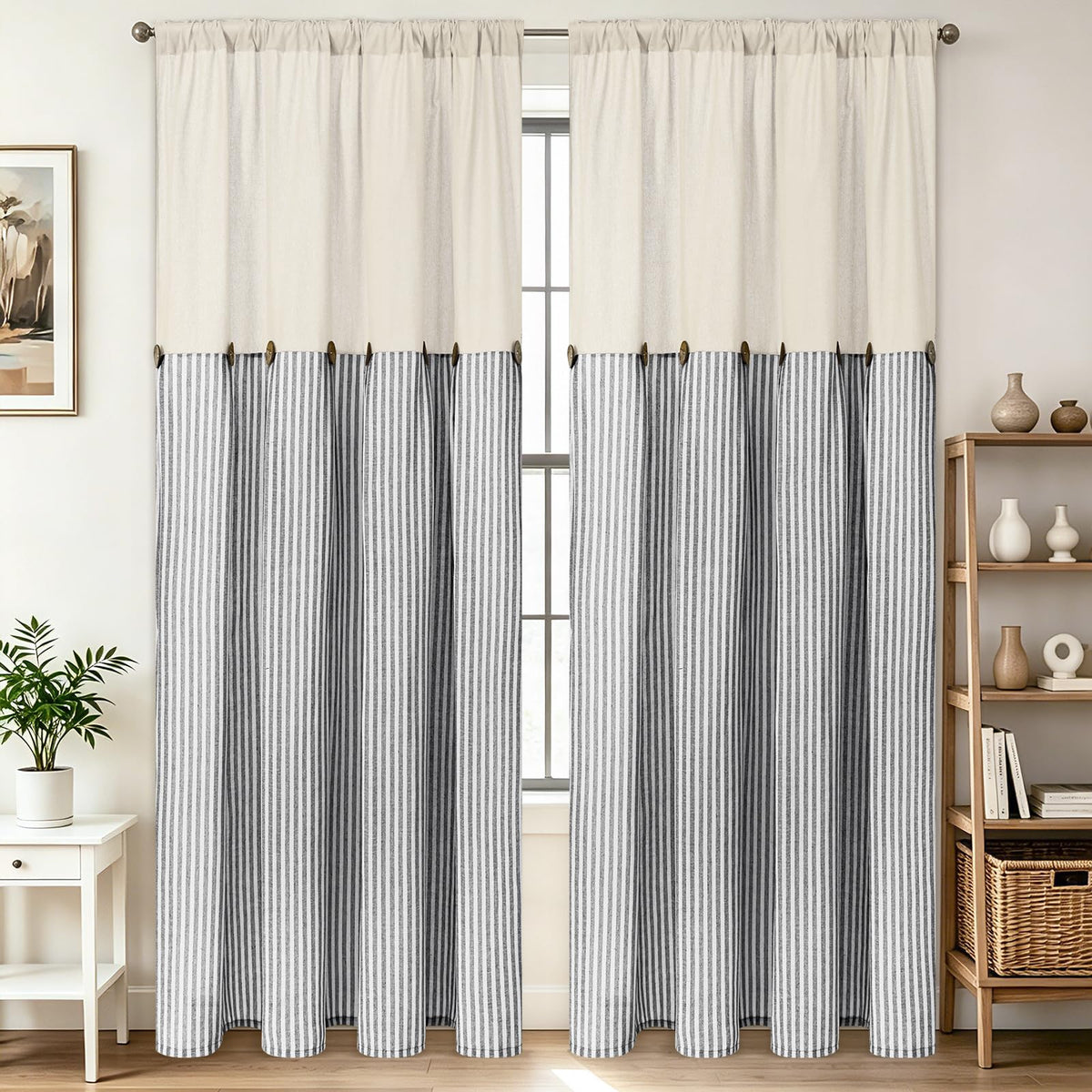 BLEUM CADE Farmhouse Kitchen Curtains 36 Inch, Cotton Linen Cafe Curtains with Rustic Buttons, Boho Small Window Curtains for Bathroom, Green Stripe Half Window Drapes Over Sink, 2 Panels