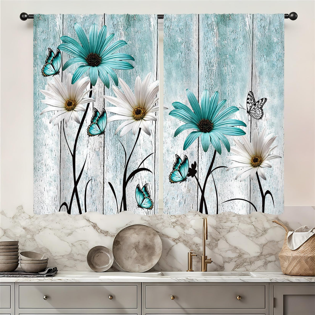 Yellow Sunflower Kitchen Curtains 42W X 63L Inch 2 Panels Rod Pocket Country Rustic Floral Flower Butterfly Farmhouse Over Sink Small Short Cafe Tier Window Treatment Bathroom Decor