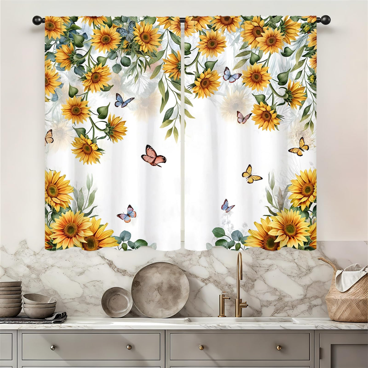 Yellow Sunflower Kitchen Curtains 42W X 63L Inch 2 Panels Rod Pocket Country Rustic Floral Flower Butterfly Farmhouse Over Sink Small Short Cafe Tier Window Treatment Bathroom Decor