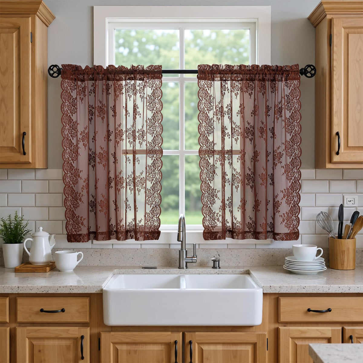 Kotile Short Beige Lace Curtains for Kitchen Windows W42xL45 Inch, 2 Panels